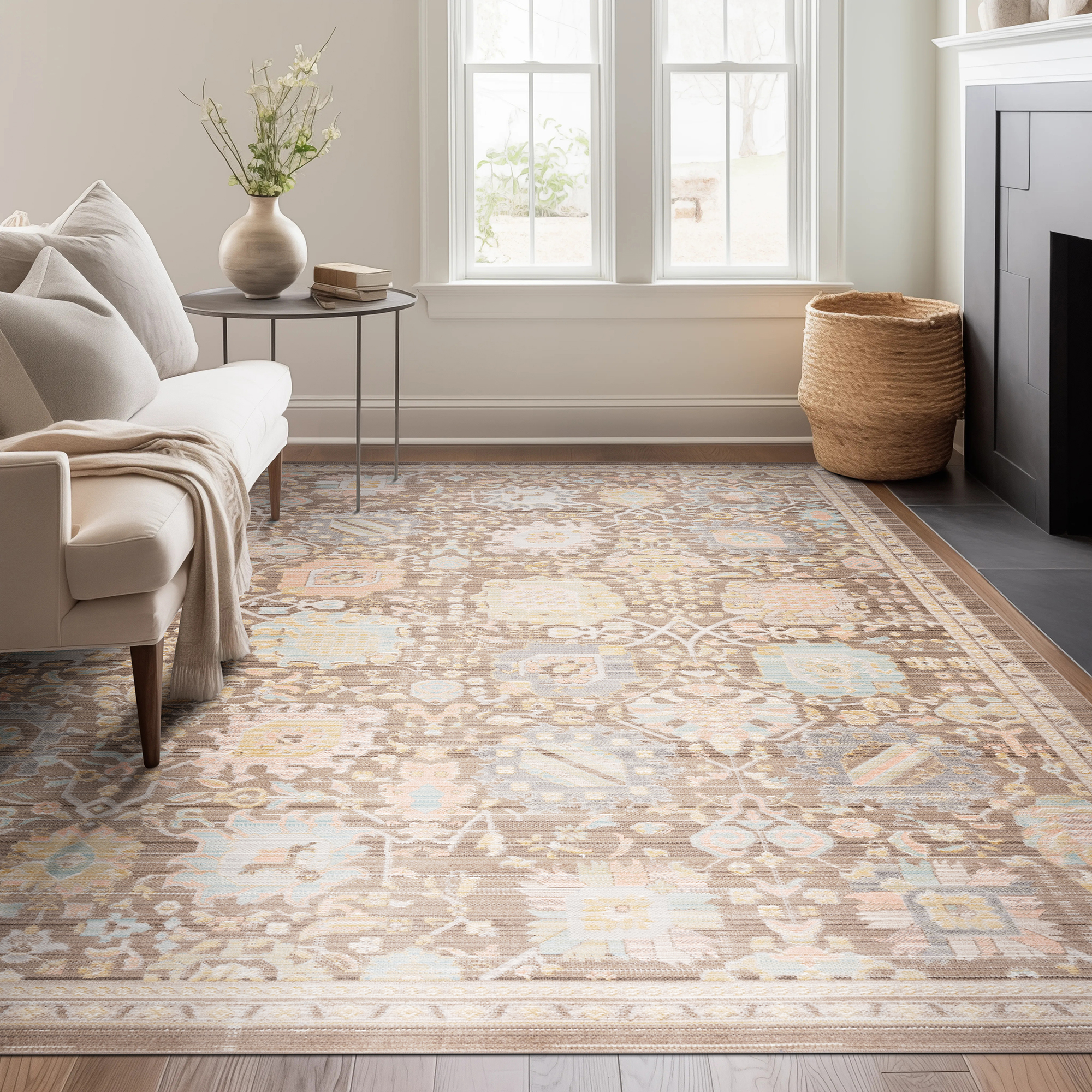 Beige Striped Wool Rug in Modern Living Room Interior Beige Striped Wool Rug in Modern Living Room Interior