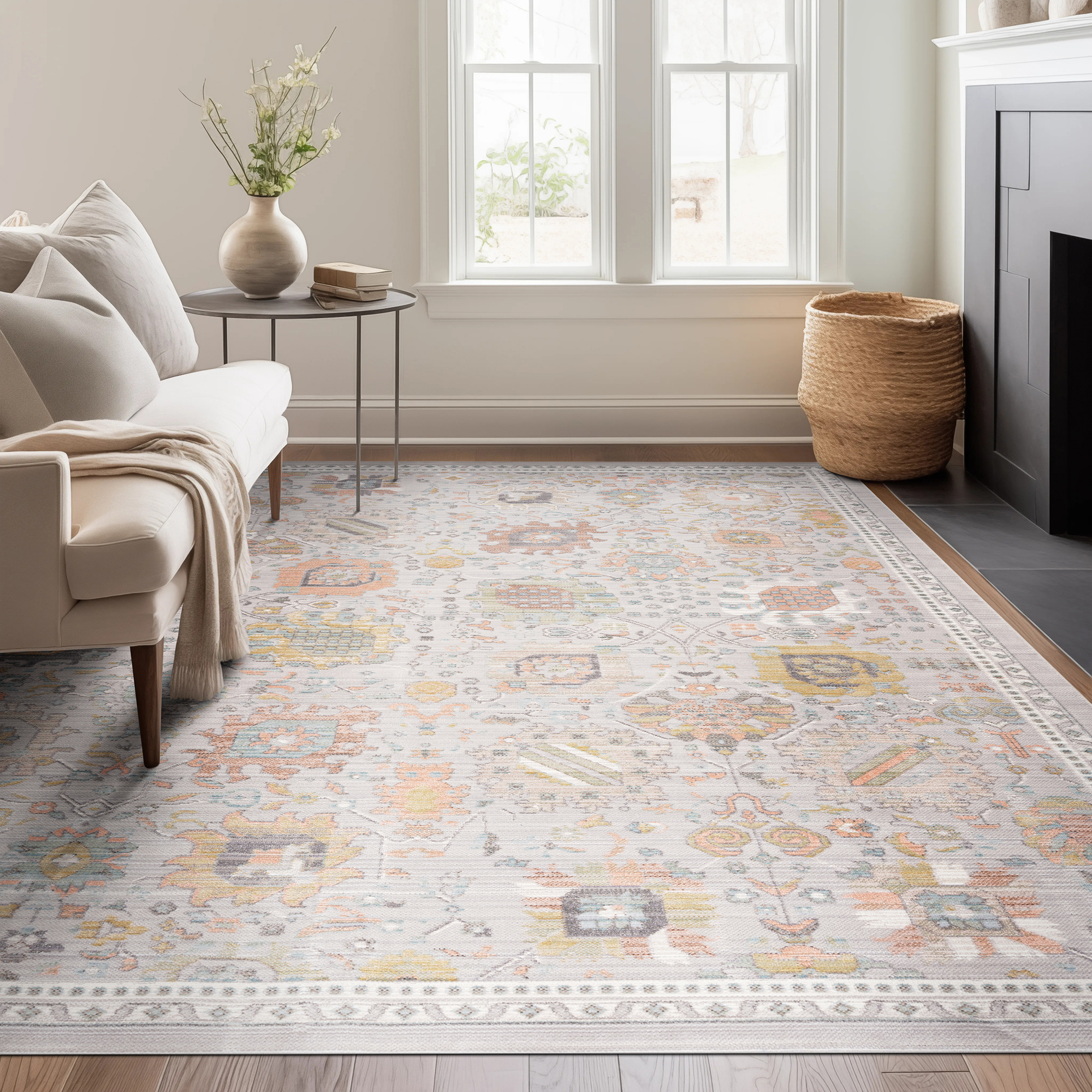 Beige Striped Wool Rug in Modern Living Room Interior Beige Striped Wool Rug in Modern Living Room Interior
