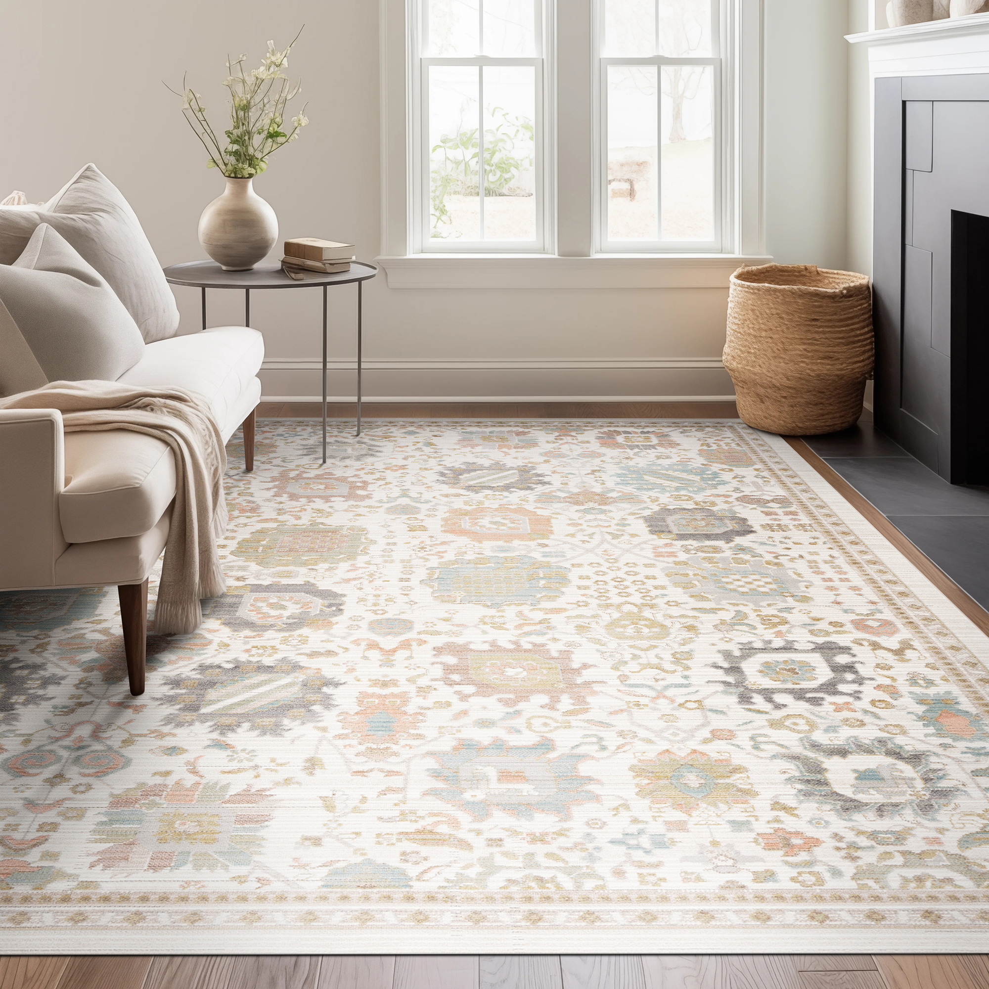Beige Striped Wool Rug in Modern Living Room Interior Beige Striped Wool Rug in Modern Living Room Interior
