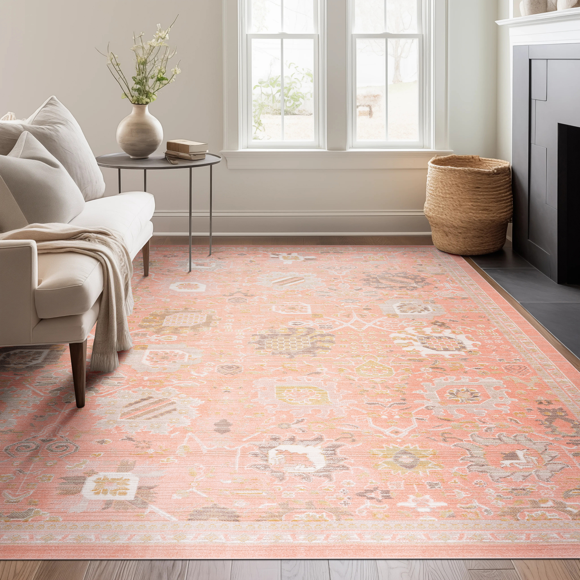 Beige Striped Wool Rug in Modern Living Room Interior Beige Striped Wool Rug in Modern Living Room Interior