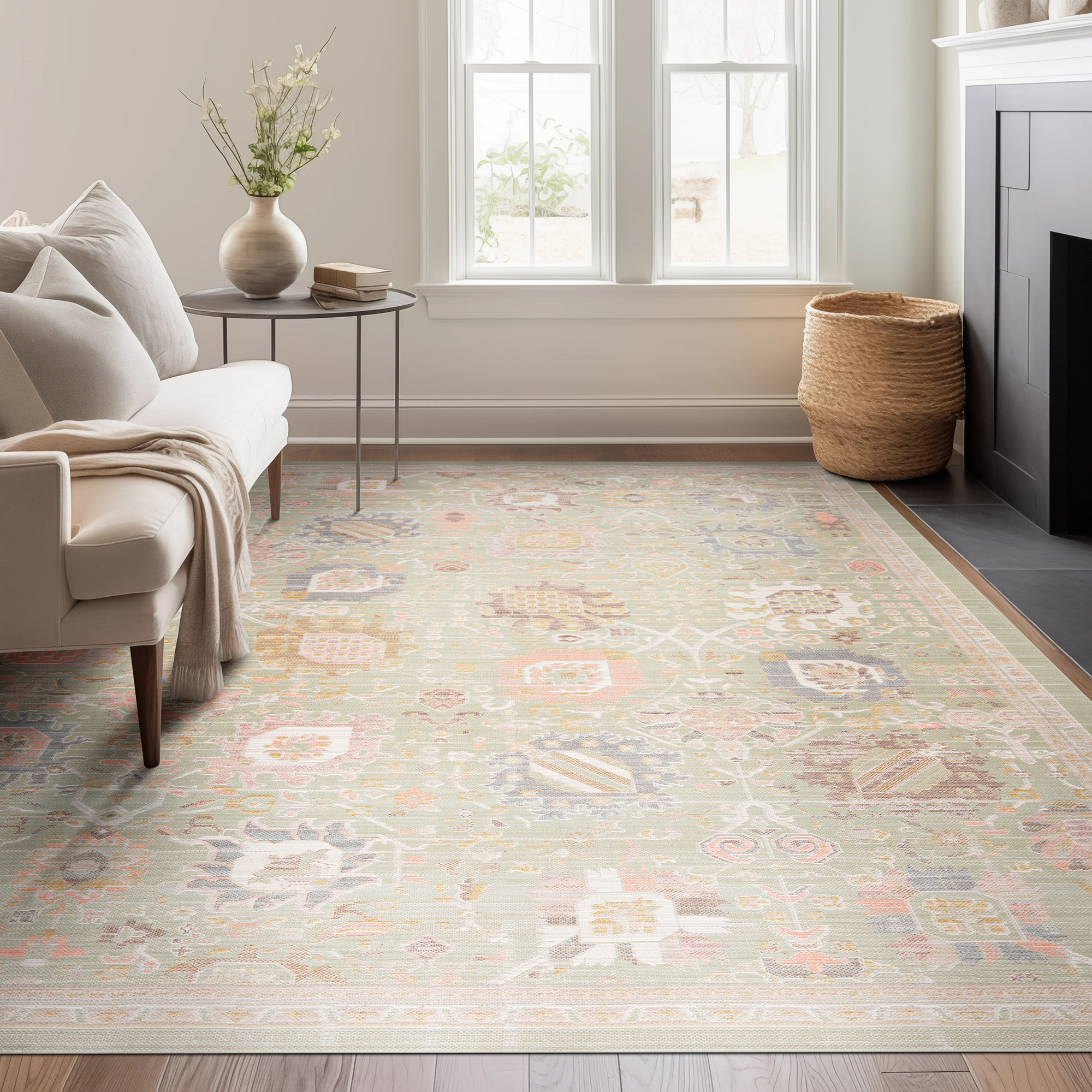 Beige Striped Wool Rug in Modern Living Room Interior Beige Striped Wool Rug in Modern Living Room Interior