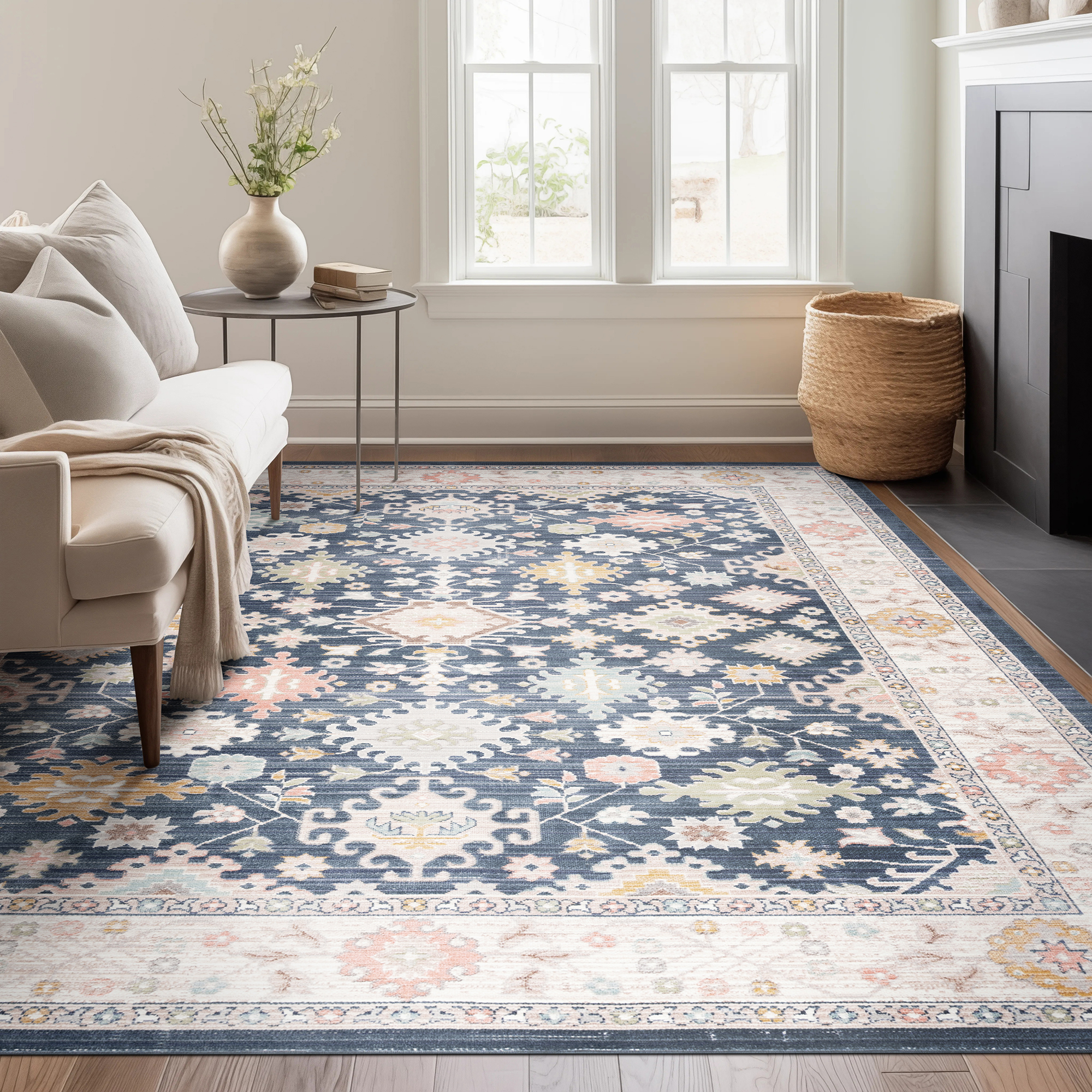 Beige Striped Wool Rug in Modern Living Room Interior Beige Striped Wool Rug in Modern Living Room Interior