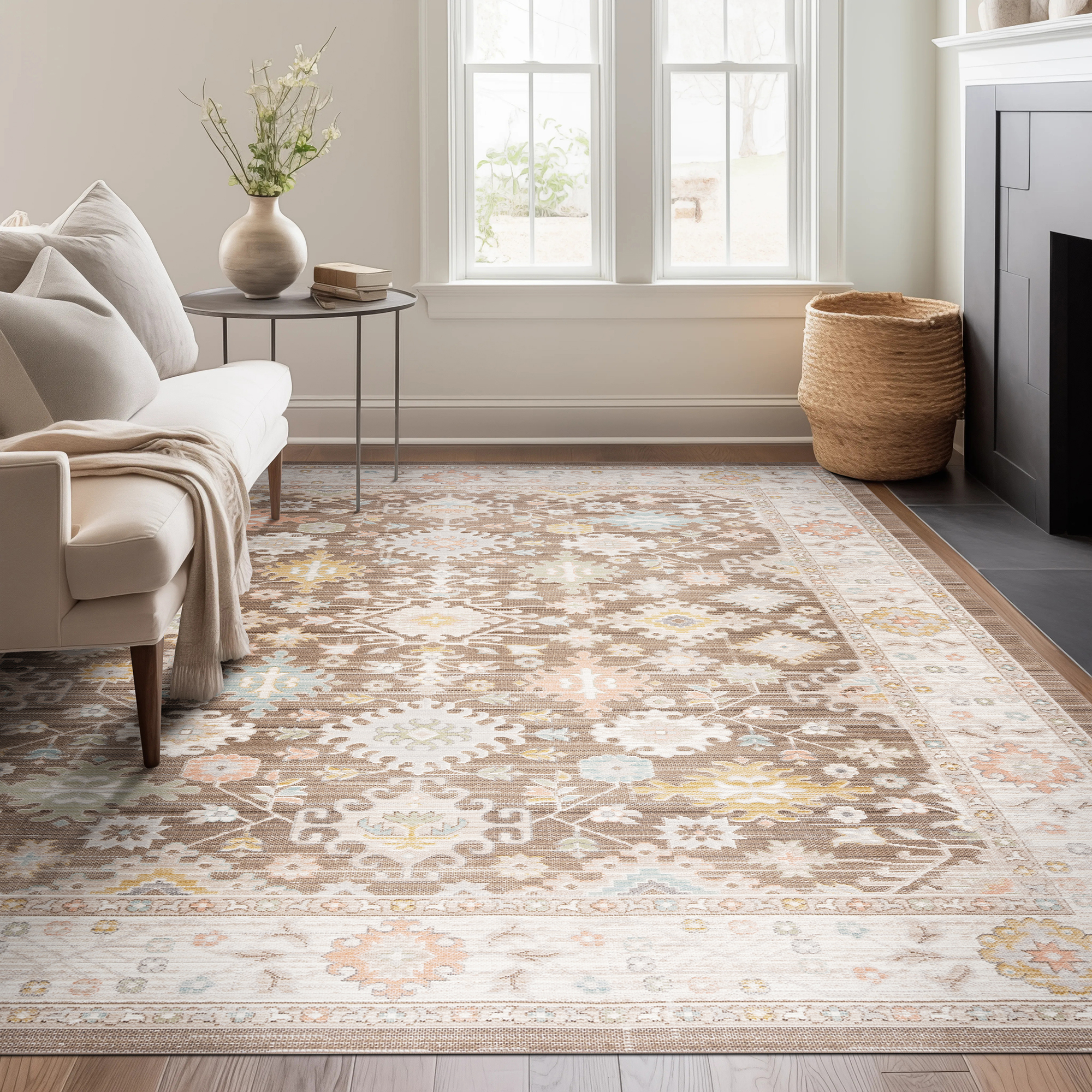 Beige Striped Wool Rug in Modern Living Room Interior Beige Striped Wool Rug in Modern Living Room Interior