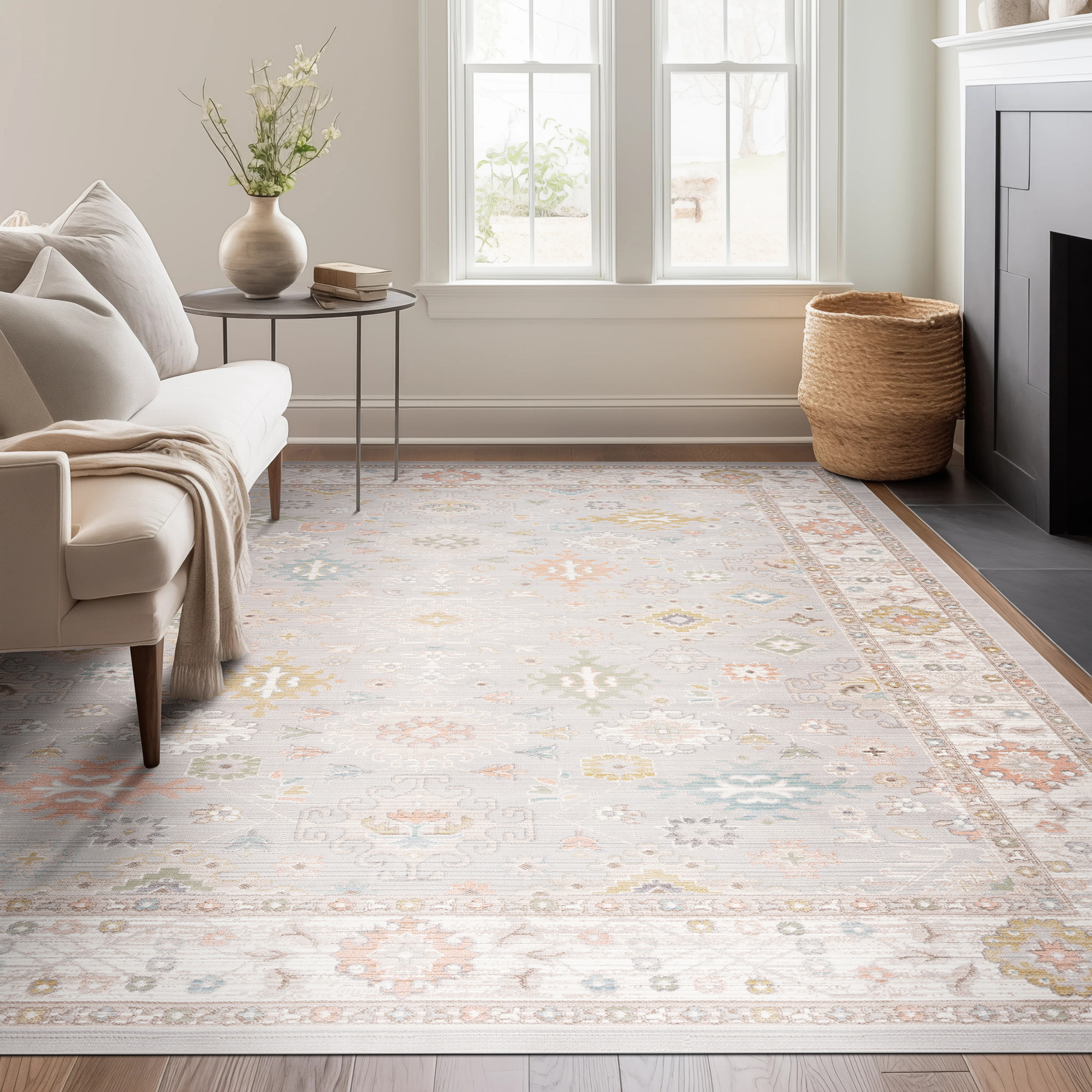 Beige Striped Wool Rug in Modern Living Room Interior Beige Striped Wool Rug in Modern Living Room Interior