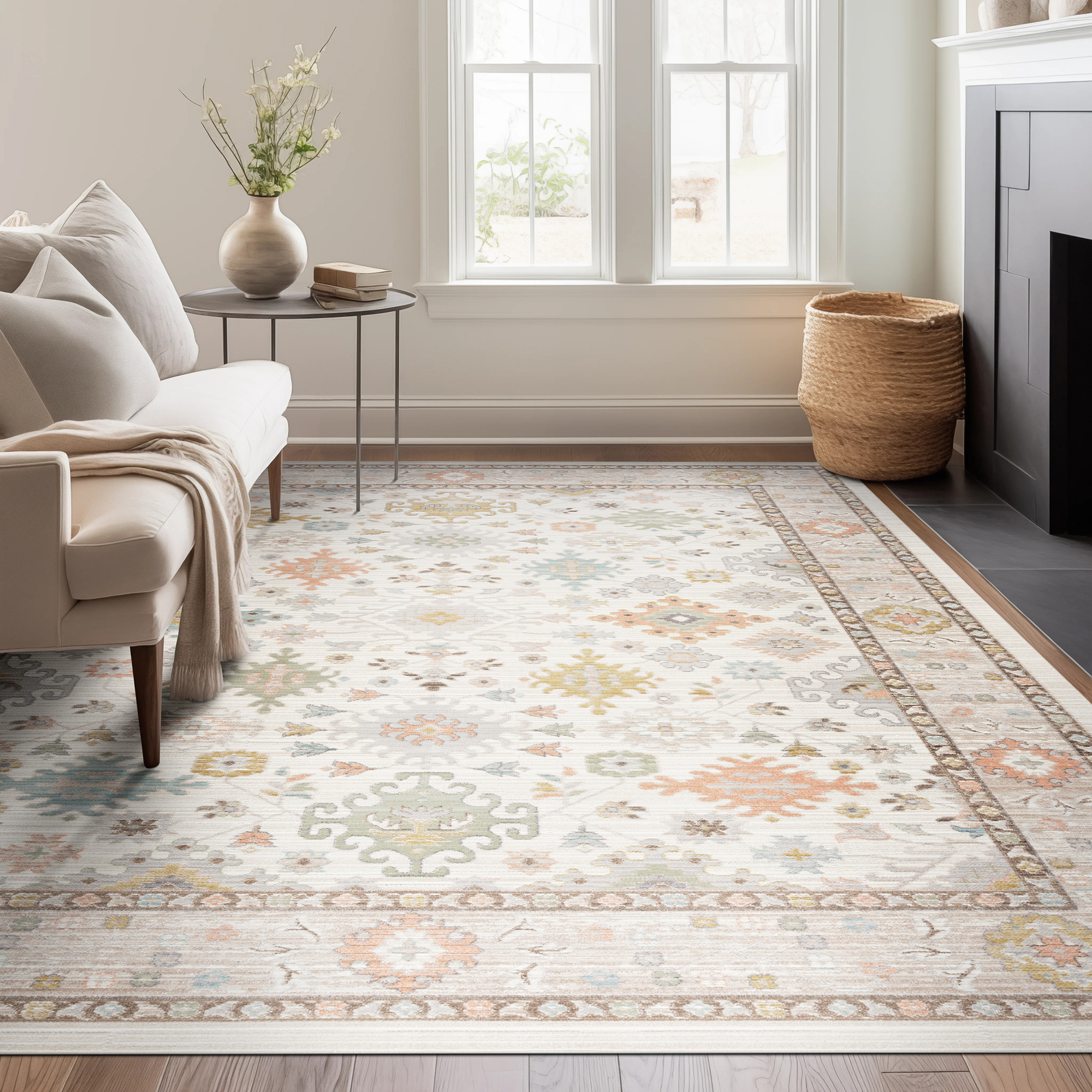 Beige Striped Wool Rug in Modern Living Room Interior Beige Striped Wool Rug in Modern Living Room Interior