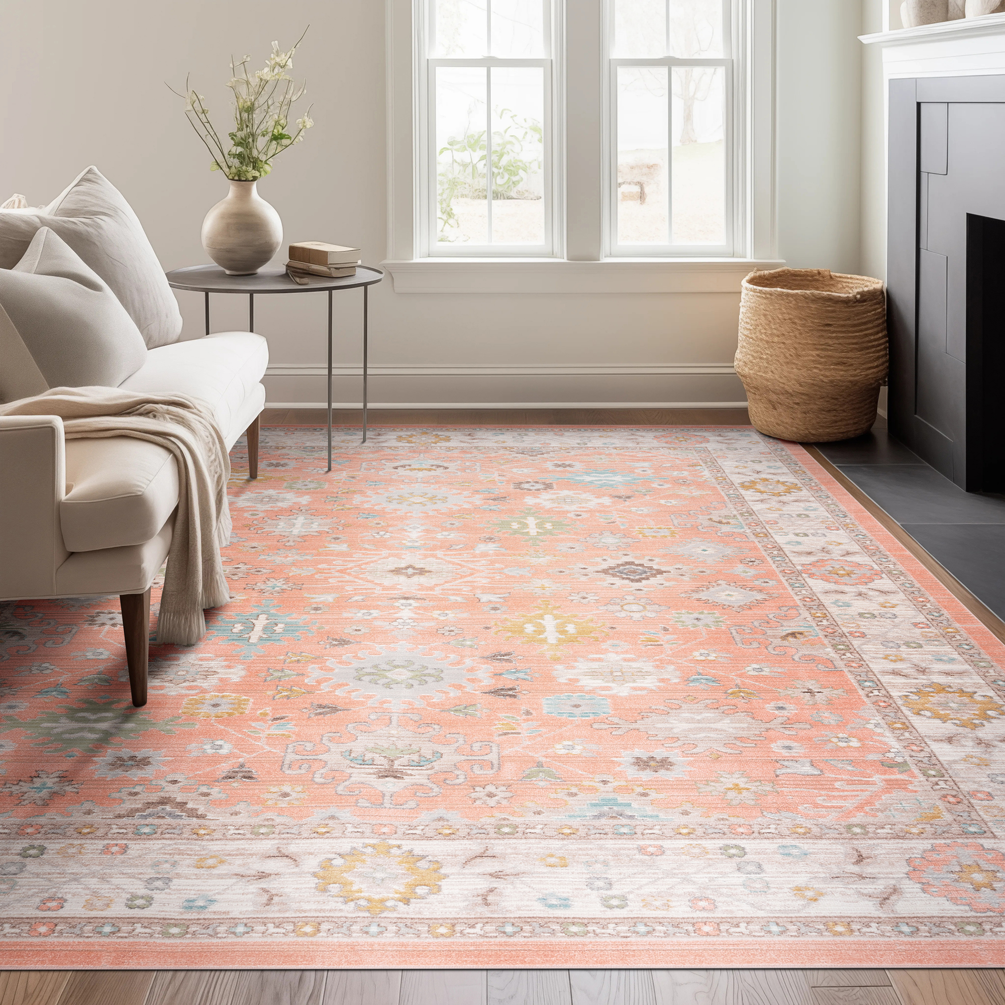 Beige Striped Wool Rug in Modern Living Room Interior Beige Striped Wool Rug in Modern Living Room Interior