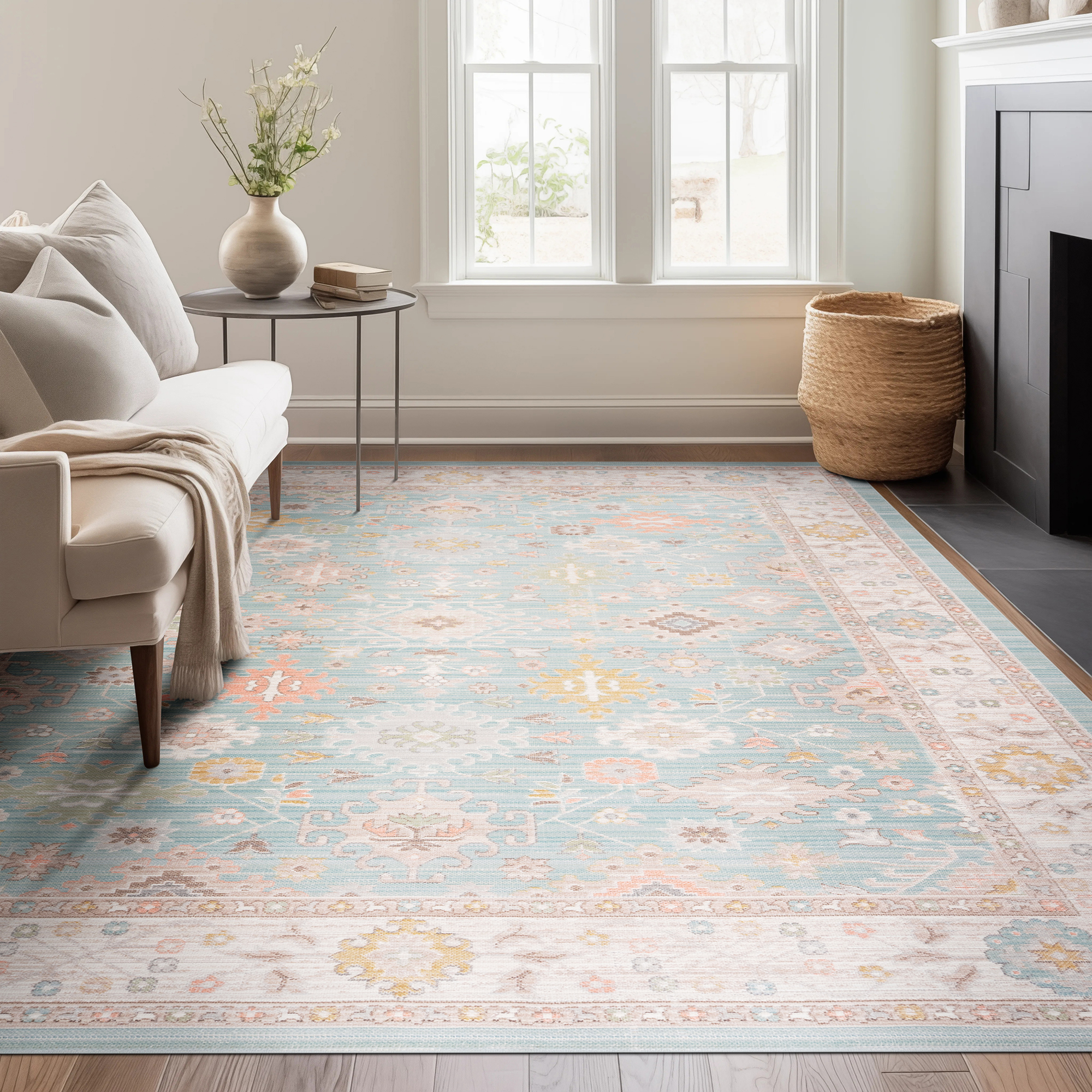 Beige Striped Wool Rug in Modern Living Room Interior Beige Striped Wool Rug in Modern Living Room Interior