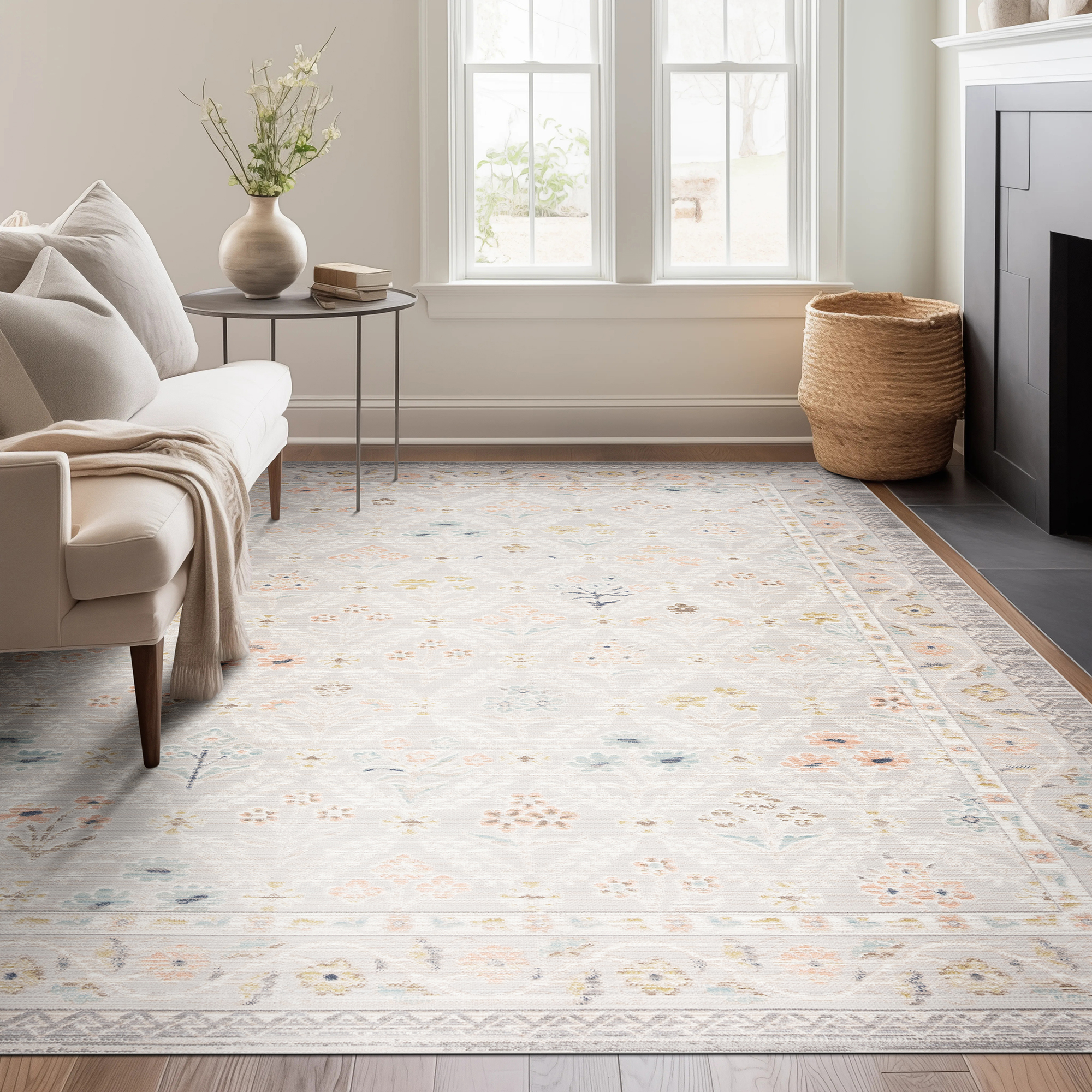 Beige Striped Wool Rug in Modern Living Room Interior Beige Striped Wool Rug in Modern Living Room Interior
