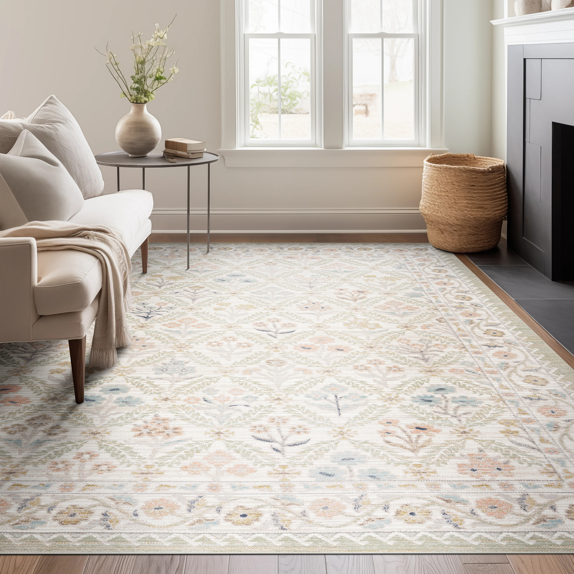 Beige Striped Wool Rug in Modern Living Room Interior Beige Striped Wool Rug in Modern Living Room Interior
