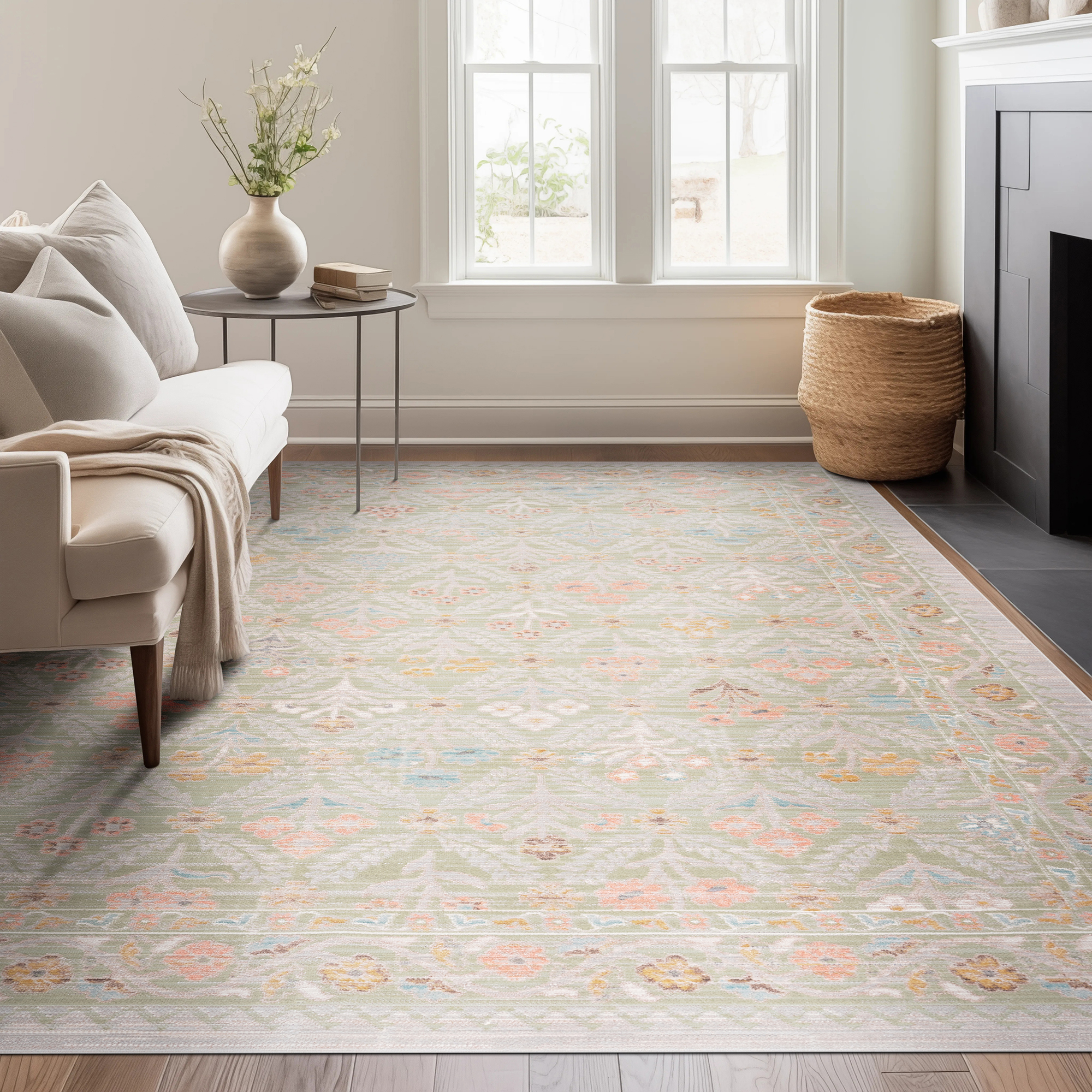 Beige Striped Wool Rug in Modern Living Room Interior Beige Striped Wool Rug in Modern Living Room Interior