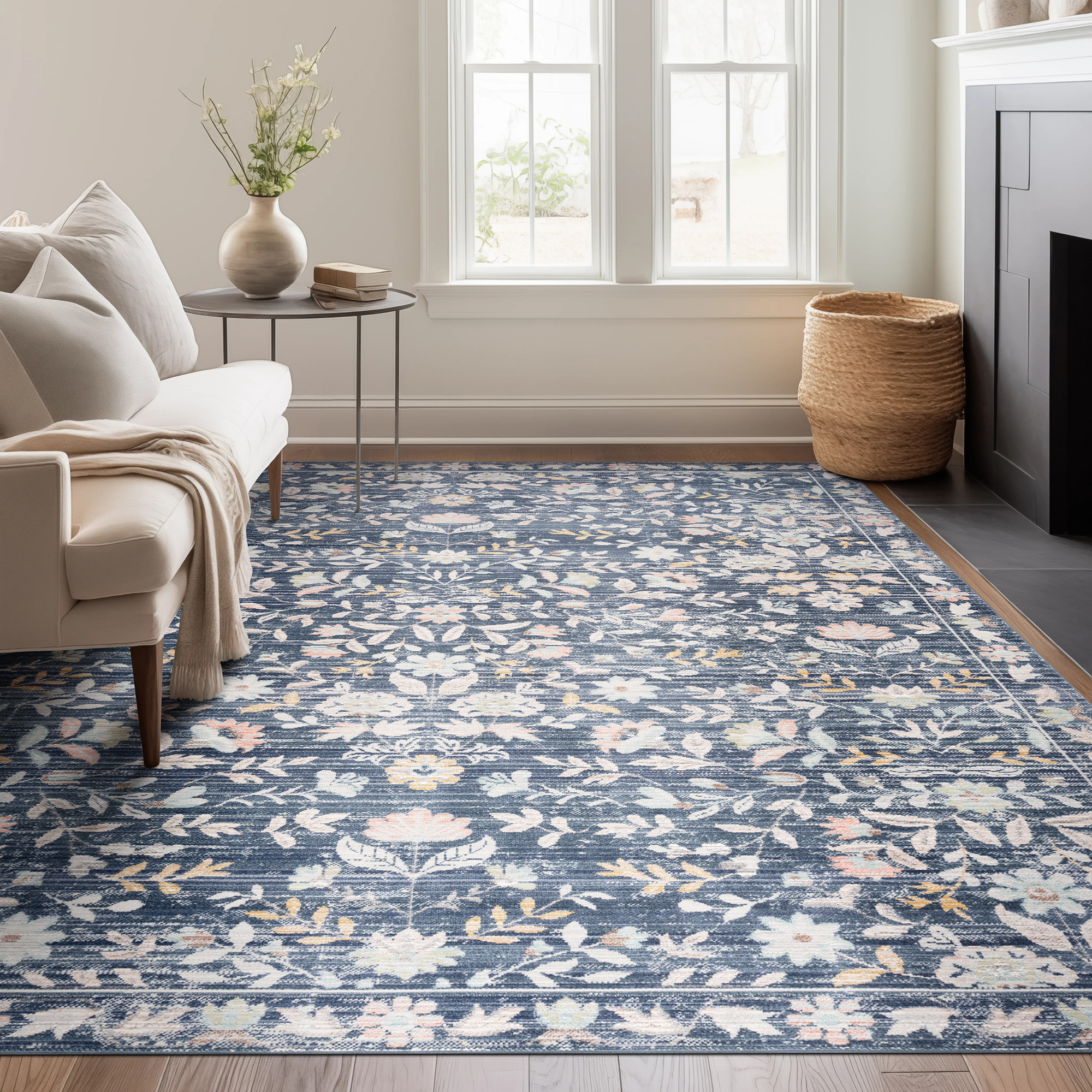 Beige Striped Wool Rug in Modern Living Room Interior Beige Striped Wool Rug in Modern Living Room Interior