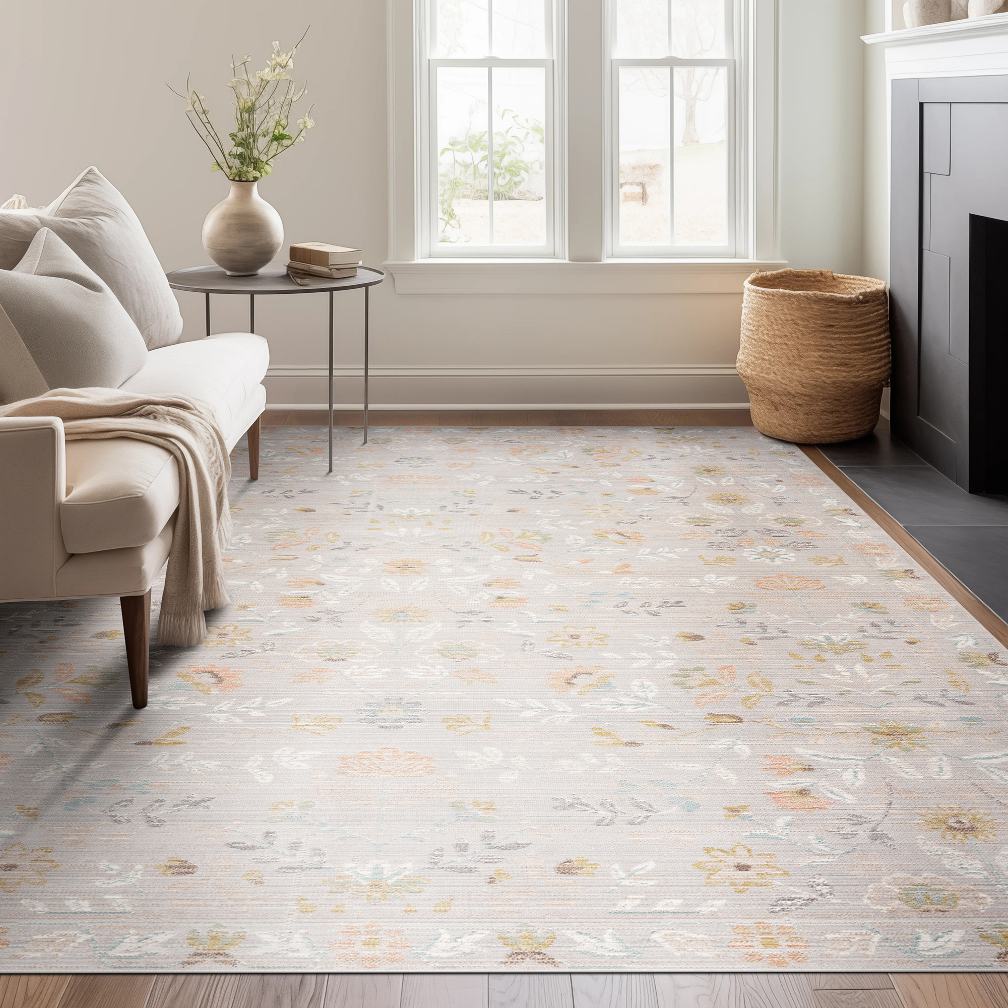 Beige Striped Wool Rug in Modern Living Room Interior Beige Striped Wool Rug in Modern Living Room Interior